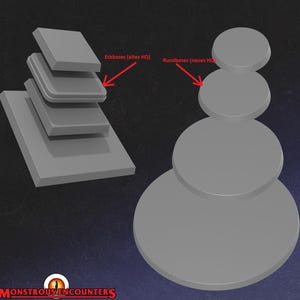 Op de afbeelding: 3D-weergave van grijze gamebases, vierkant en rond. De afbeelding toont pijlen die wijzen naar de Duitse labels "Eckbases (altes HQ)" en "Rundbases (neues HQ)". Het Monstrous Encounters-logo staat onderaan.