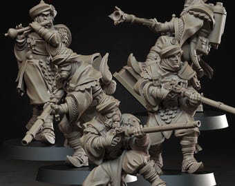 Puede incluir: Un conjunto de cuatro figuras en miniatura de resina gris sin pintar de Ashen Armies. Las figuras llevan turbantes y túnicas superpuestas, una toca la flauta, otra apunta con un rifle largo, una está arrodillada y otra sostiene un arma larga.