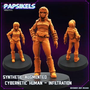 Könnte beinhalten: Orangefarbene Figuren einer futuristischen weiblichen Figur in einem Overall, Stiefeln und einem Helm. Die Figuren stehen auf schwarzen, kreisförmigen Sockeln. Der Text auf dem Bild lautet "PAPSIKELS" und "SYNTHETIC AUGMENTED CYBERNETIC HUMAN - INFILTRATION".