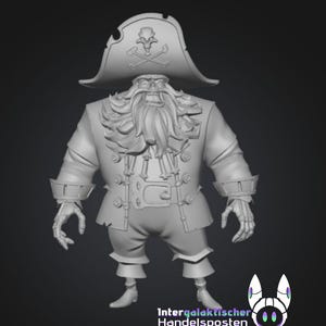 Könnte beinhalten: Graustufen 3D-Modell einer Piratenfigur. Der Pirat trägt einen Dreispitz mit einem Totenkopf- und gekreuzten Knochen-Emblem, einen langen Bart und einen doppelreihigen Mantel. Die Figur hat skelettartige Hände und eine Gürtelschnalle. Der Text "Intergalaktischer Handelsposten" befindet sich unten.