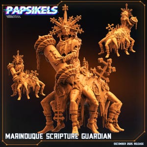 Könnte beinhalten: Digital gerenderte Abbildung eines Marinouque Scripture Guardian, einer detaillierten Fantasy-Figur. Die Figur ist hellbraun, mit komplizierten architektonischen und skelettartigen Details. Die Texte "Papsikels" und "Marinouque Scripture Guardian" sind sichtbar.