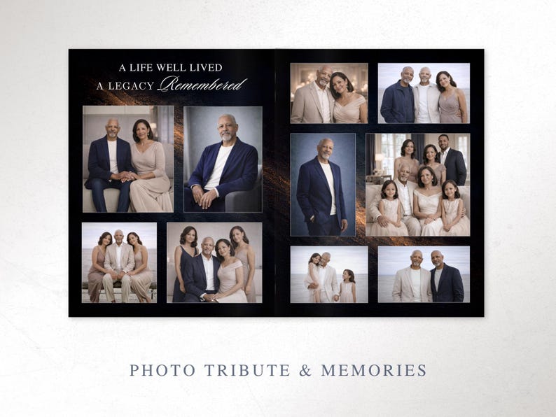 May include: A memorial photo album with the text "A Life Well Lived, A Legacy Remembered." The album features family portraits in various settings. The words "Photo Tribute & Memories" are at the bottom.