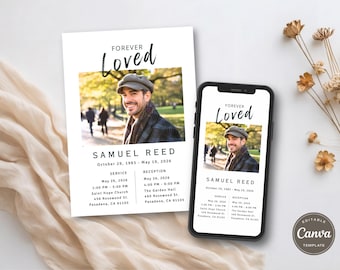 Sjabloon begrafenisuitnodiging, viering van het leven uitnodigen, Memorial Evite bewerkbaar (Canva, direct downloaden) F017