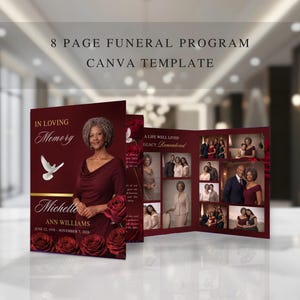 Red Burgundy Funeral Programm Vorlage, bearbeitbares Trauerprogramm, 8 Seiten Servicereihenfolge (Canva, Instant Download) FP-25