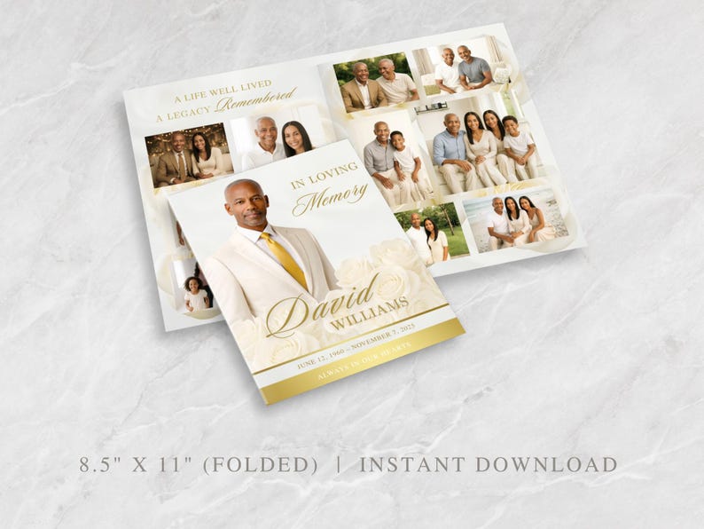 Elegant Cream and Gold Funeral Program Template | 8 Page Canva Memorial Program | Editable Obituary and Order of Service | FP-19 image 2