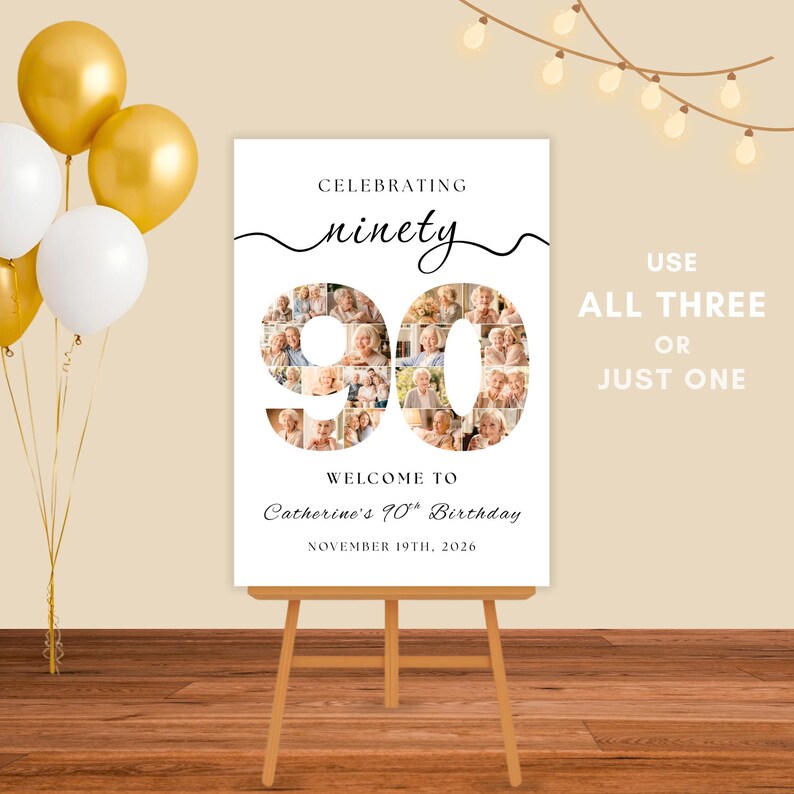 Editable 90th Birthday Welcome Sign Set, Canva Template Photo Collage ...