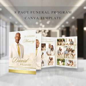 Mall för elegant begravningsprogram i krämfärgat och guld | 8-sidigt Canva-minnesprogram | Redigerbar dödsannons och gudstjänstordning | FP-19