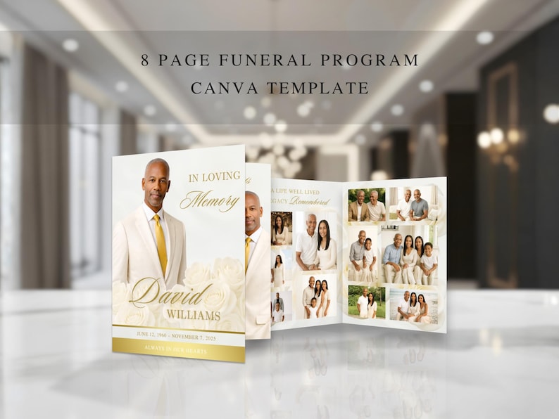Elegant Cream and Gold Funeral Program Template | 8 Page Canva Memorial Program | Editable Obituary and Order of Service | FP-19 image 1
