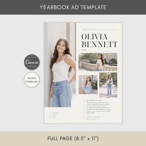 May include: A yearbook ad template measuring 8.5 inches by 11 inches featuring the text Yearbook Ad Template, Class of 2027, Olivia Bennett, and a heartfelt message. The layout includes four photographs of a young person in various poses.