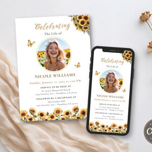 Sunflower Funeral Invitation Template, Celebration of Life Invite, Memorial Canva Template (Instant download)  F014