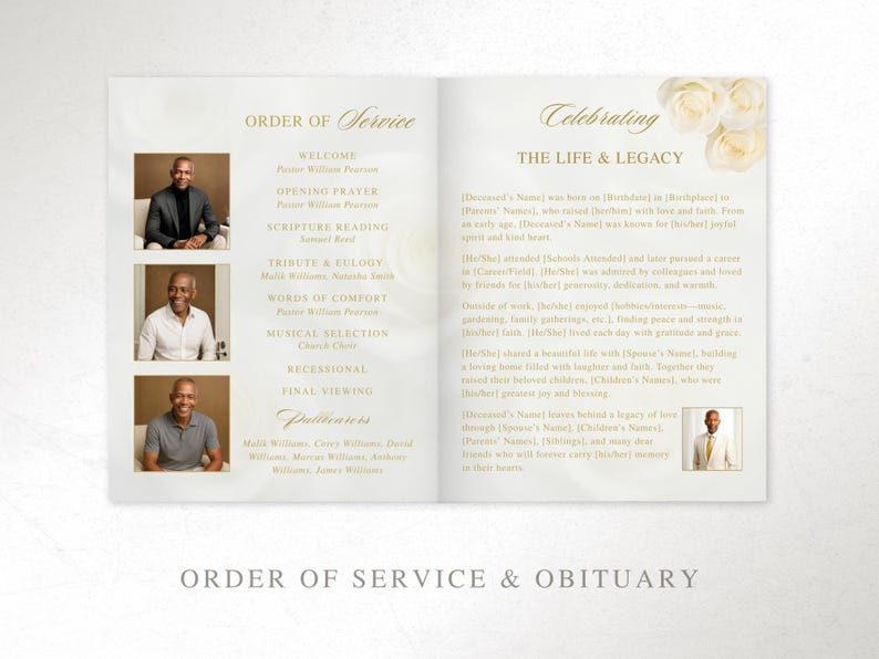 Elegant Cream and Gold Funeral Program Template | 8 Page Canva Memorial Program | Editable Obituary and Order of Service | FP-19 image 4