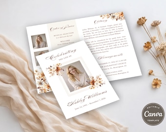 Floral Funeral Program Template | Editable Canva Memorial (Canva, Instant Download) F025