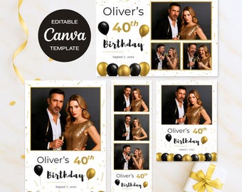 Black Gold Birthday Photobooth Template, 40th Birthday Photo Booth Frame  (Editable Canva, Digital download) PB-09