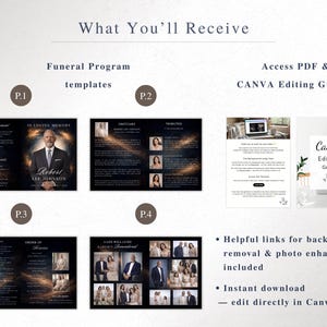 May include: A digital product showcasing funeral program templates and Canva editing guides. The image displays sample layouts, including an obituary and tribute pages. Helpful links for background removal and photo enhancement are included.