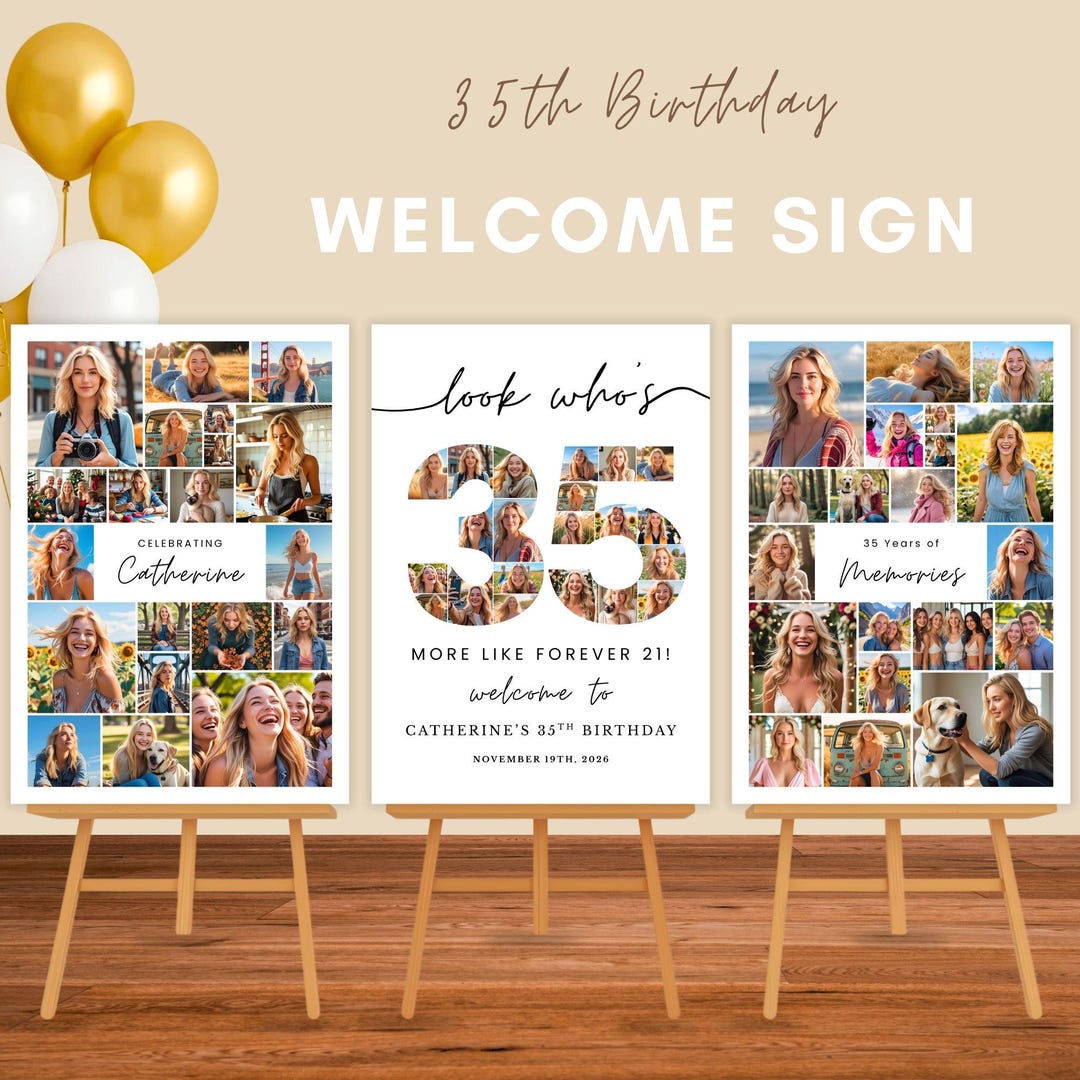 35th Birthday Welcome Sign With Photo Collage, Editable Canva Template ...