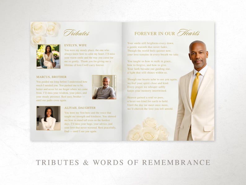 Elegant Cream and Gold Funeral Program Template | 8 Page Canva Memorial Program | Editable Obituary and Order of Service | FP-19 image 6