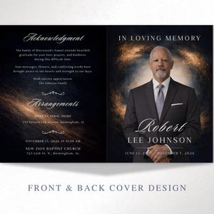 May include: A memorial card design with a portrait of Robert Lee Johnson. The card includes text such as "In Loving Memory" and details about the funeral arrangements, including the date, time, and location.