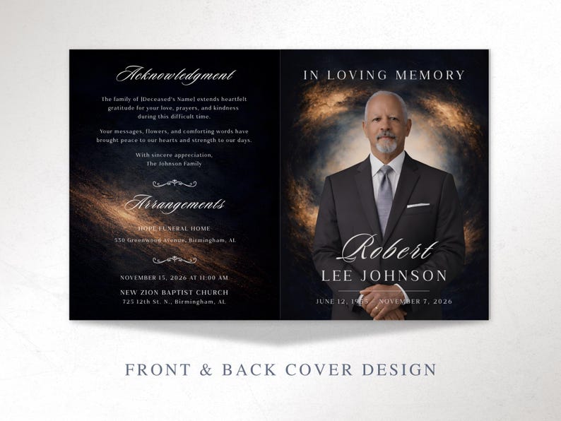 May include: A memorial card design with a portrait of Robert Lee Johnson. The card includes text such as "In Loving Memory" and details about the funeral arrangements, including the date, time, and location.