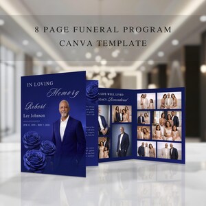 Elegant Blue Funeral Program Template | Editable Memorial Program | Order of Service | 8 Page Folded (Canva) FP-24
