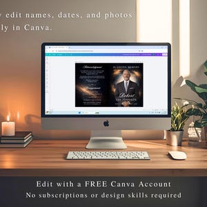 May include: A desktop computer displays a memorial template with the text "IN LOVING MEMORY" and "Robert LEE JOHNSON." The screen shows a photo of a man in a suit. The text "Easily edit names, dates, and photos directly in Canva" is visible.