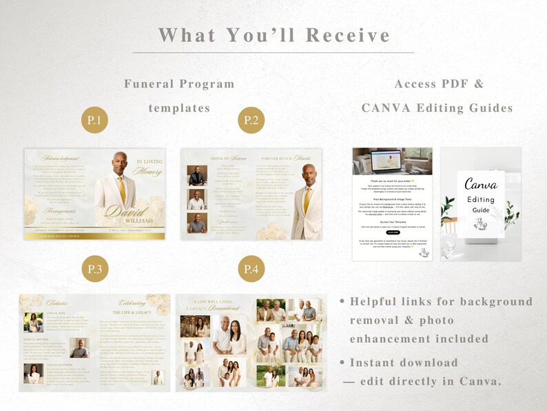 Elegant Cream and Gold Funeral Program Template | 8 Page Canva Memorial Program | Editable Obituary and Order of Service | FP-19 image 12