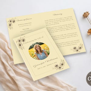 Modello di programma funebre per girasole, programma commemorativo modificabile, programma funebre stampabile (Canva, download immediato) F013