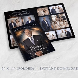 May include: A memorial program with a black background and family photos. The front cover reads "In Loving Memory" and features a portrait of Robert Lee Johnson. The text "A Life Well Lived, A Legacy Remembered" is also visible.