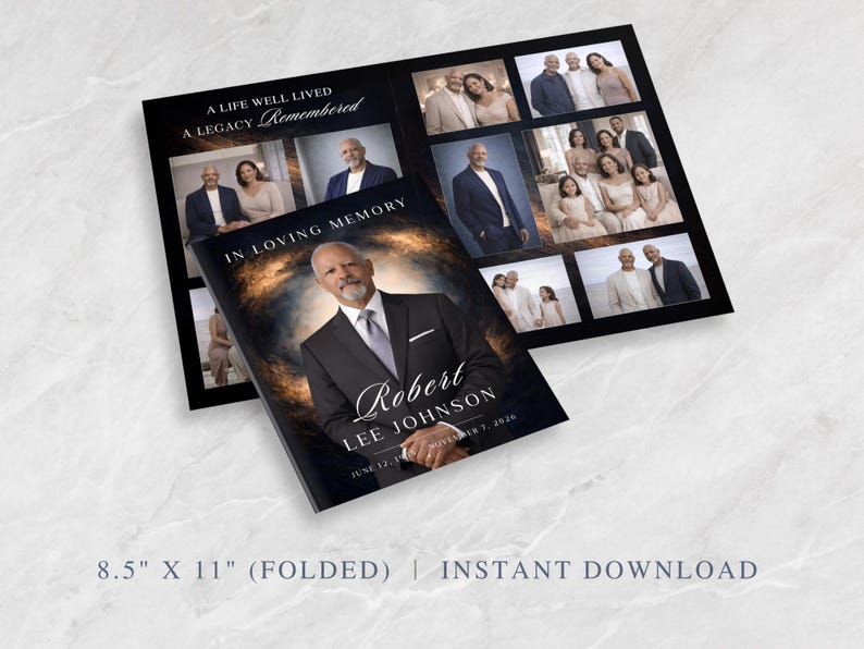 May include: A memorial program with a black background and family photos. The front cover reads "In Loving Memory" and features a portrait of Robert Lee Johnson. The text "A Life Well Lived, A Legacy Remembered" is also visible.