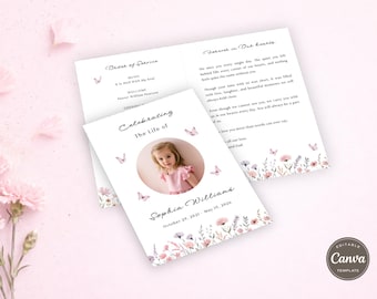 Child Funeral Program Template, Pink Butterfly Memorial Program, Celebration of Life Program, Canva Editable (Digital Download) F010