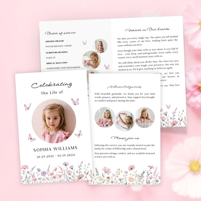 Girl's Funeral Program Template, Pastel Pink Wildflowers, Celebration ...