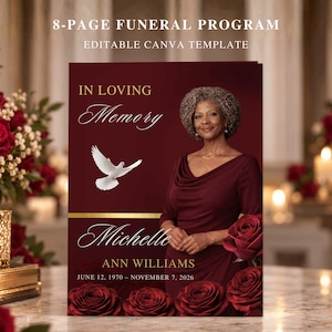 May include: An 8-page funeral program template featuring a deep red background, a white dove, and red roses. The text reads: 8-PAGE FUNERAL PROGRAM, EDITABLE CANVA TEMPLATE, IN LOVING MEMORY, Michelle ANN WILLIAMS, JUNE 12, 1970 - NOVEMBER 7, 2026.