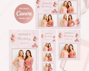 Rose Gold Birthday Photo Booth Template, Pink Balloons (Canva Editable, Digital Download) PB-08
