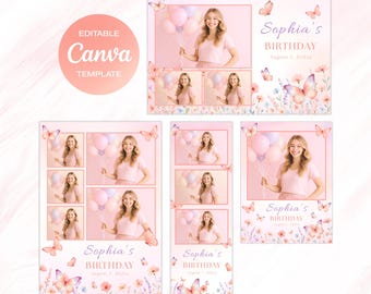 Pastel Butterfly Birthday Photobooth Template, Floral Photo Booth Strip (Canva Editable, Digital Download) PB-01