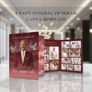 Luxury Burgundy Funeral Program Template, Editable Memorial Program, 8 Page Order of Service (Canva, Instant Download) FP-26