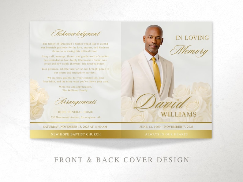 Elegant Cream and Gold Funeral Program Template | 8 Page Canva Memorial Program | Editable Obituary and Order of Service | FP-19 image 3