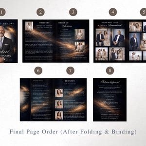 May include: A memorial booklet with a dark blue and gold design. The cover reads "In Loving Memory" and features a portrait of a man. Inside, there are pages with text, photos, and the words "Obituary," "Order of Service," and "Tributes."