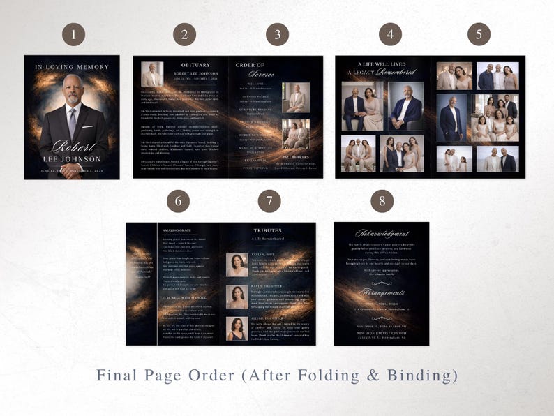 May include: A memorial booklet with a dark blue and gold design. The cover reads "In Loving Memory" and features a portrait of a man. Inside, there are pages with text, photos, and the words "Obituary," "Order of Service," and "Tributes."