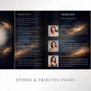 May include: A memorial program spread with a dark blue and gold galaxy design. The left page features the hymn "Amazing Grace" and the right page includes tributes to Evelyn, Kayla, and Aliyah.
