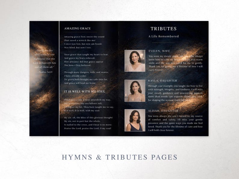 May include: A memorial program spread with a dark blue and gold galaxy design. The left page features the hymn "Amazing Grace" and the right page includes tributes to Evelyn, Kayla, and Aliyah.