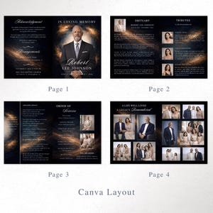 May include: A four-page memorial layout with a dark background and gold accents. The layout includes a portrait of Robert Lee Johnson, obituary details, tributes, and an order of service. The Canva layout is designed for a memorial service.