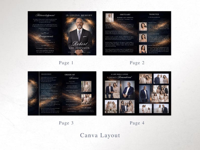 May include: A four-page memorial layout with a dark background and gold accents. The layout includes a portrait of Robert Lee Johnson, obituary details, tributes, and an order of service. The Canva layout is designed for a memorial service.
