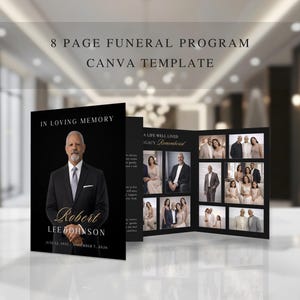 Black & Gold Funeral Program Template | 8 Page Memorial Booklet Canva (Canva, Instant Download) FP-44