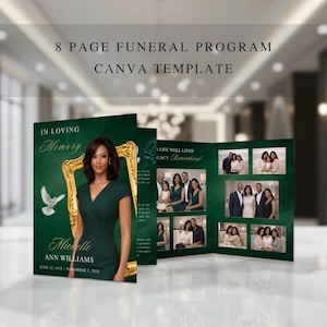 Emerald Green Funeral Program Template | Luxury Memorial Program | 8 Page Memorial Program (Canva, Instant Download) FP-33
