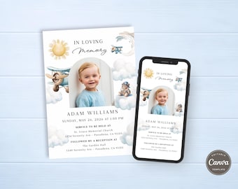 Boy Funeral Invitation Template, Baby Memorial Invite, Printable Memorial Card & E-Invite (Canva, Instant Download) F012