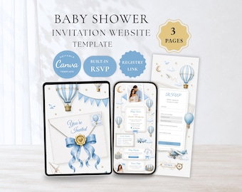 Hot Air Balloon Baby Shower Website with RSVP | Vintage Airplane Invitation | Editable Canva Template BW-L34