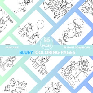 Bluey druckbare Malseiten, Malseiten für Kinder, Ausmalbilder für Geburtstagsparty, Bluey und Freunde
