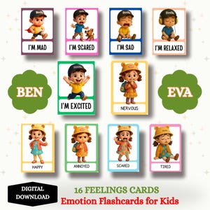 Eva & Ben Emotion Flashcards for Kids – Printable Feelings Cards for Toddlers N Preschoolers – Social Emotional Learning Tool