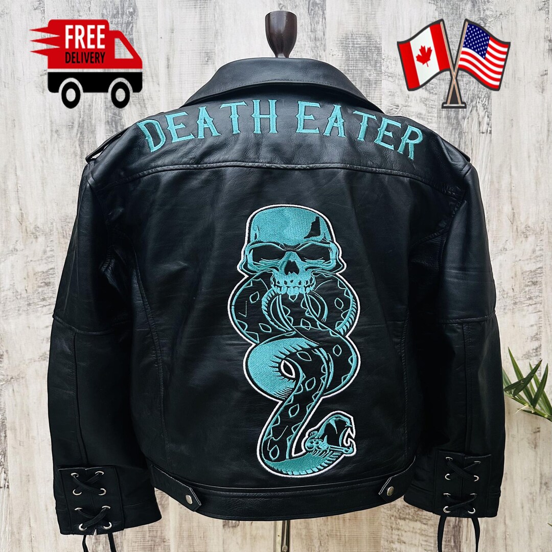 Black Leather Death Eater Biker Jacket – Embroidered Snake Skull Patch ...