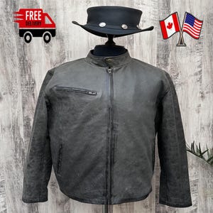 Blouson homme vintage en cuir gris effet vieilli | Veste motard décontractée style années 2000 | Vêtements d'extérieur coupe slim classique | Veste de moto