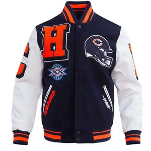 Chicago Bears Varsity Jacket – Navy White Letterman Coat | Super Bowl Classic Mashup Chicago Football Letterman Vintage 1990s Chicago Bears